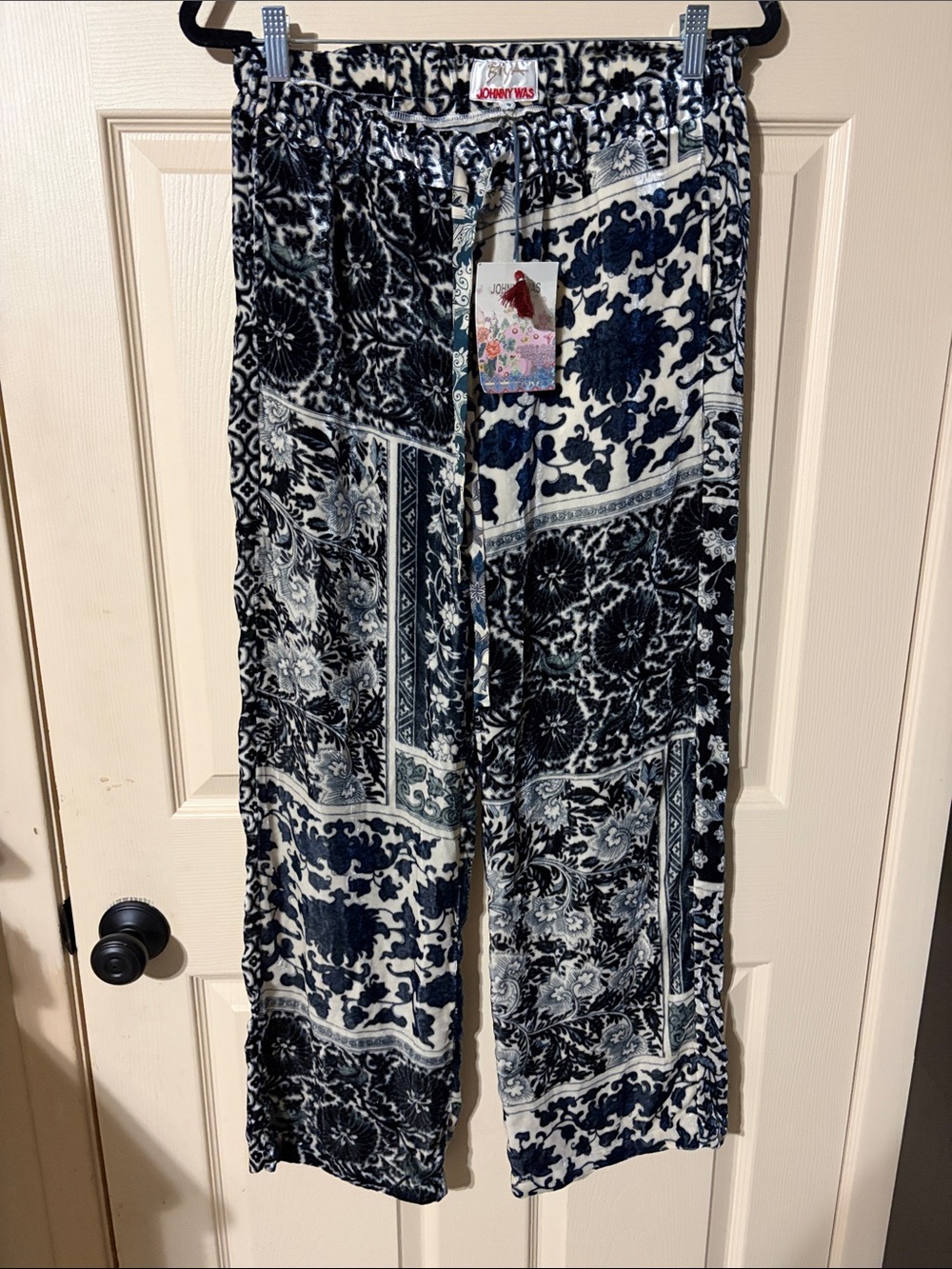 Johnny Was Biya Navy & White velvet Patchwork Print Wide Leg Pants